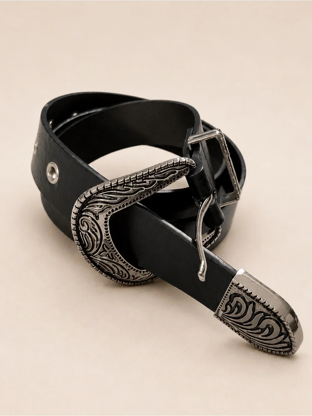 Black Leather Western Engraved Silver Buckle Belt | Size 27 | Boho Cowgirl